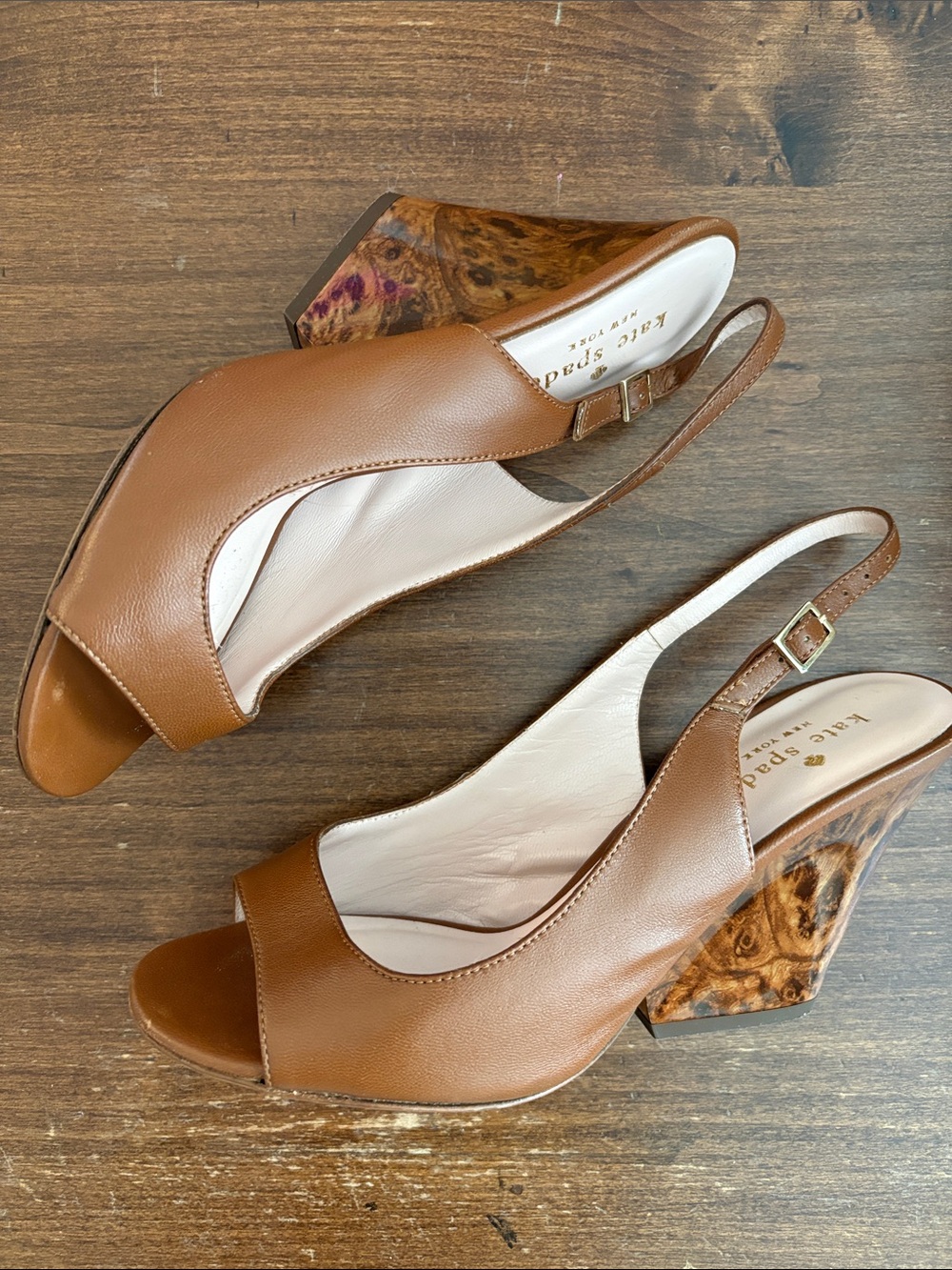 KATE SPADE New York Brown Leather Peep Toe Wedge Slingback Heels Size 6.5